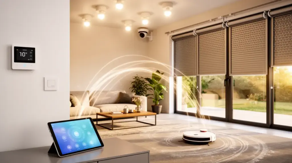 Maison moderne avec objets connectés contrôlés centralement, gain de temps