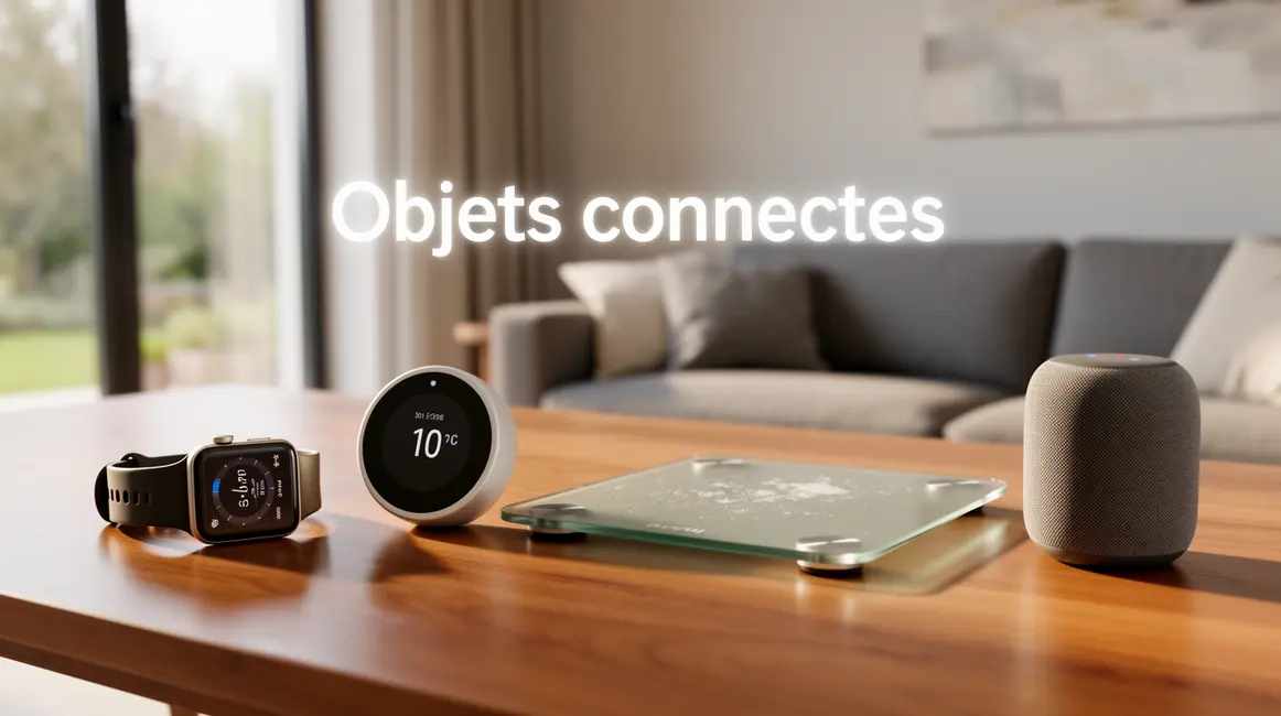 Objets connectes sur une table avec montre thermostat balance et enceinte