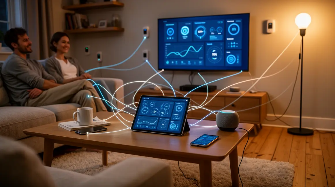 Salon moderne objets connectés interconnexion lignes lumineuses