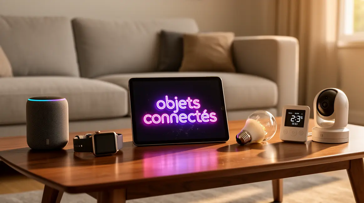 Objets connectés regroupés sur table, sécurité numérique