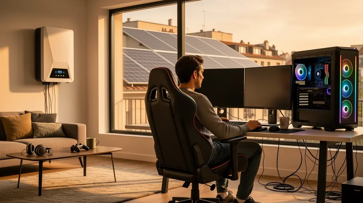 Salon moderne avec onduleur domestique 2026, appareils électroniques, panneaux solaires