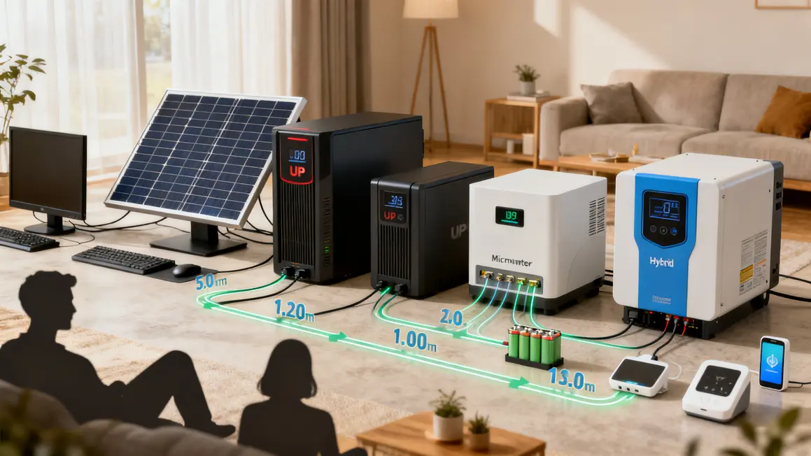Infographie onduleur domestique 2026, UPS, central, micro, hybride