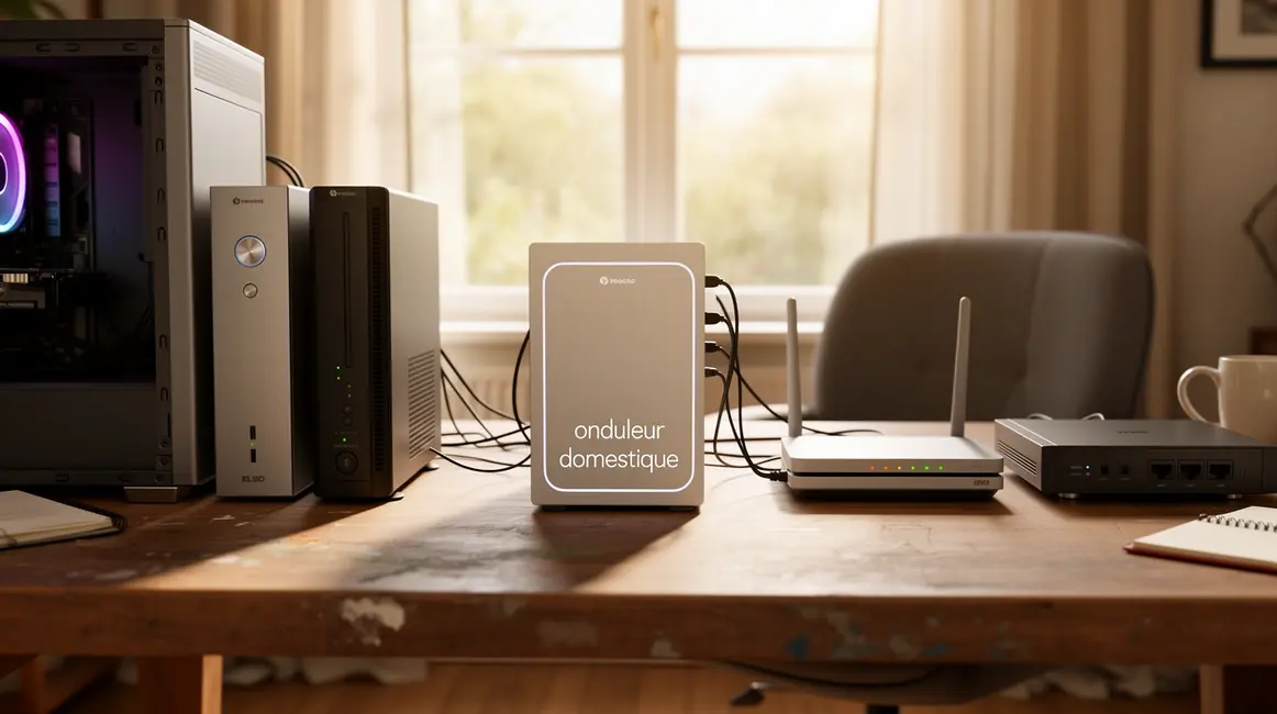 Bureau moderne avec onduleur domestique et appareils high-tech connectés