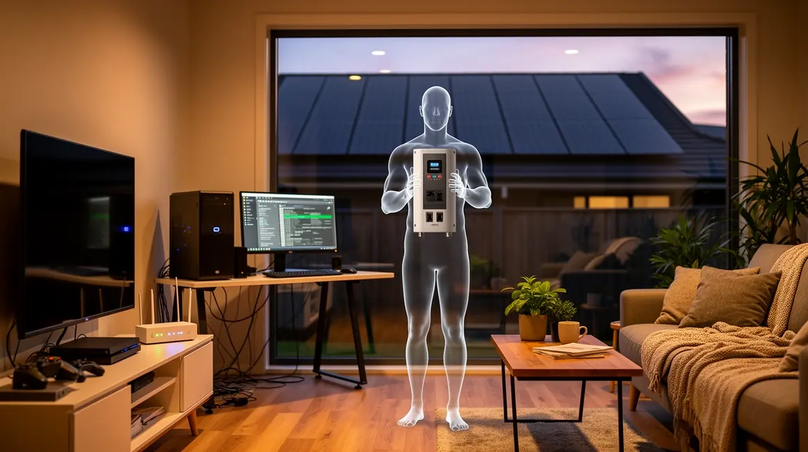Vue realiste onduleur domestique interieur moderne avec panneaux solaires