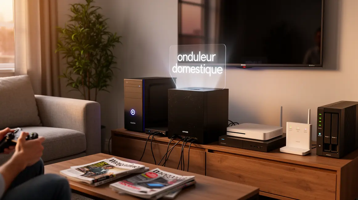Salon moderne avec appareils reliés à onduleur domestique