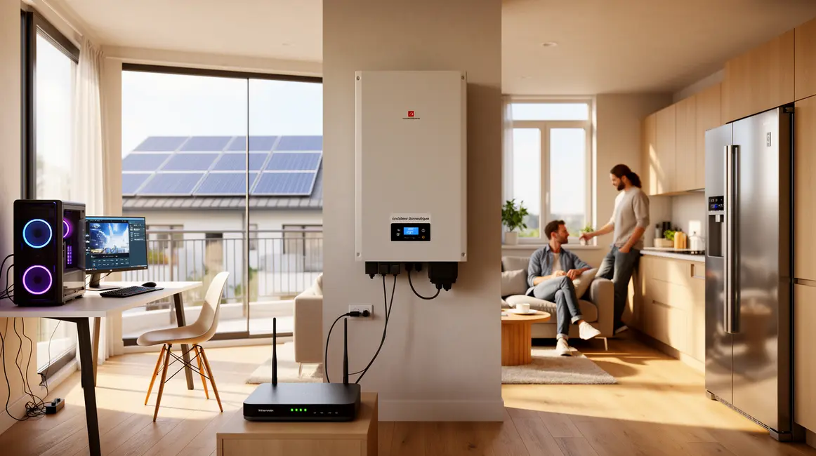 salon moderne avec onduleur domestique et appareils connectés