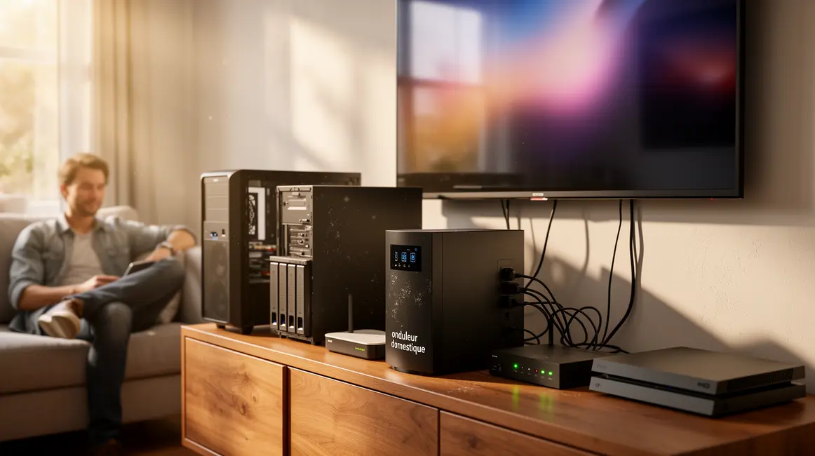 Onduleur domestique connecté à PC, écran, box, NAS, TV dans un salon moderne