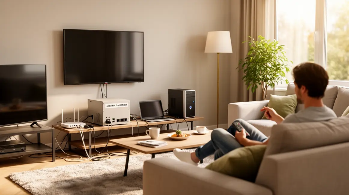 Onduleur domestique connecte a appareils-tech dans salon moderne