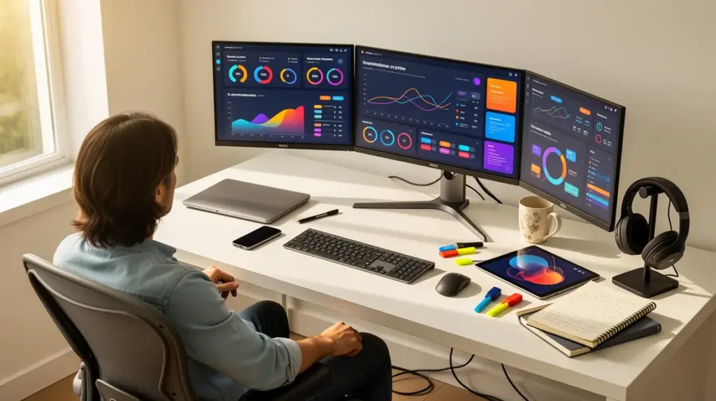 Bureau lumineux multi écrans, organisation contrôle, gain de temps