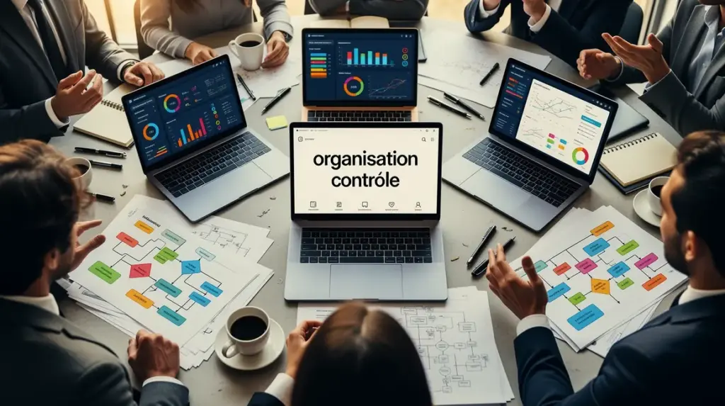Vue de table travail avec outils digitaux pour organisation du contrôle
