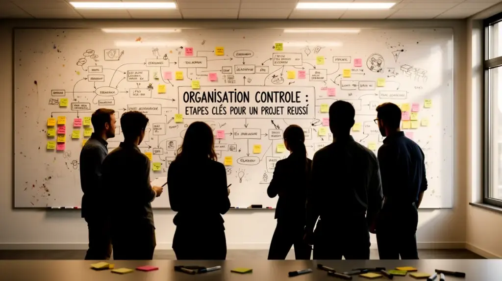 Equipe projet devant tableau blanc organisation controle