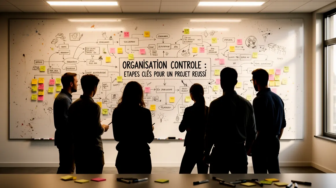 Equipe projet devant tableau blanc organisation controle