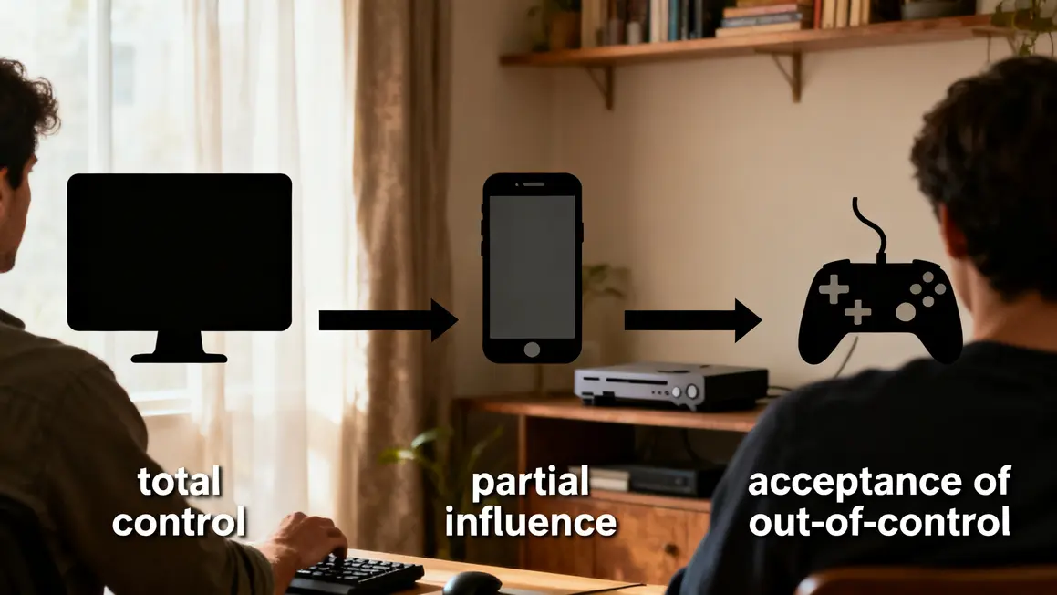 trois zones avec ordinateur smartphone console pour controle et influence