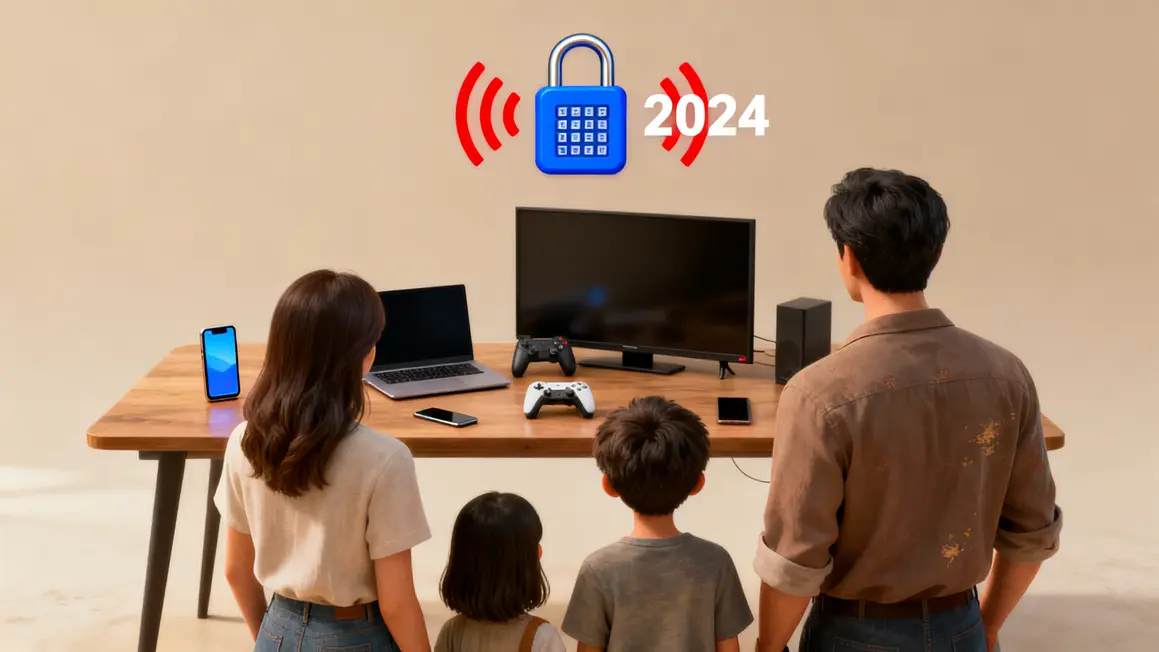 Famille devant appareils connectés, cadenas digital et alertes sécurité