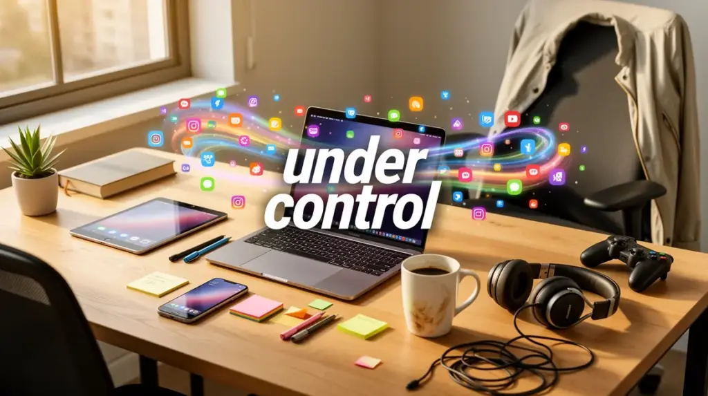 Bureau moderne, applications, notifications, sous contrôle, productivité