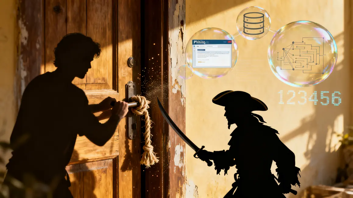 Silhouette ferme porte, pirate, bulles phishing et 123456