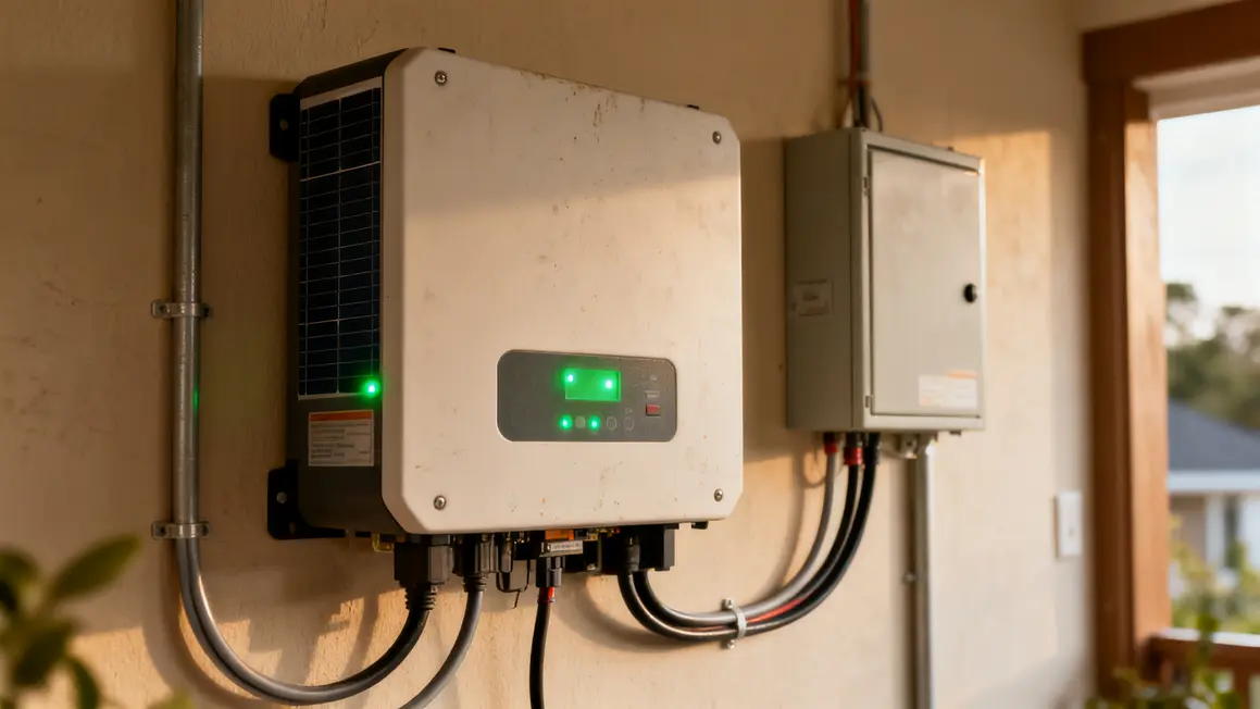 Gros plan onduleur domestique solaire voyants signes d'alerte