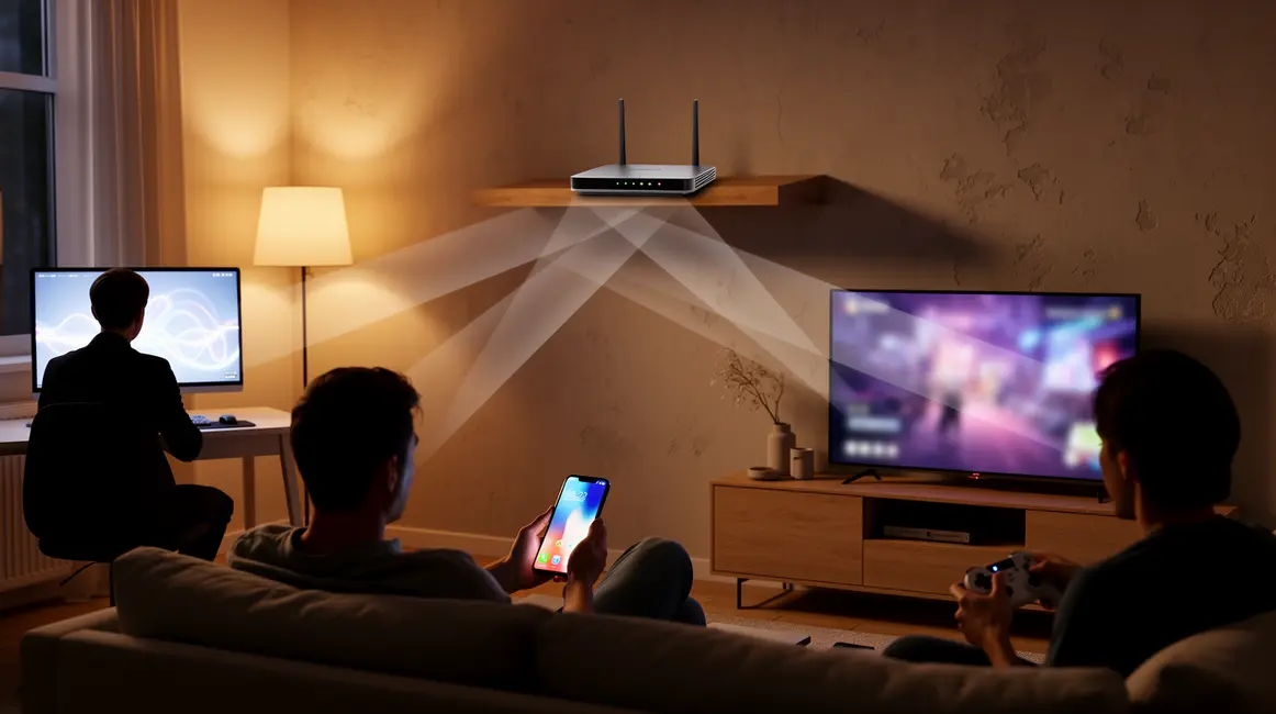Intérieur familial moderne avec routeur Wi-Fi central en 2026