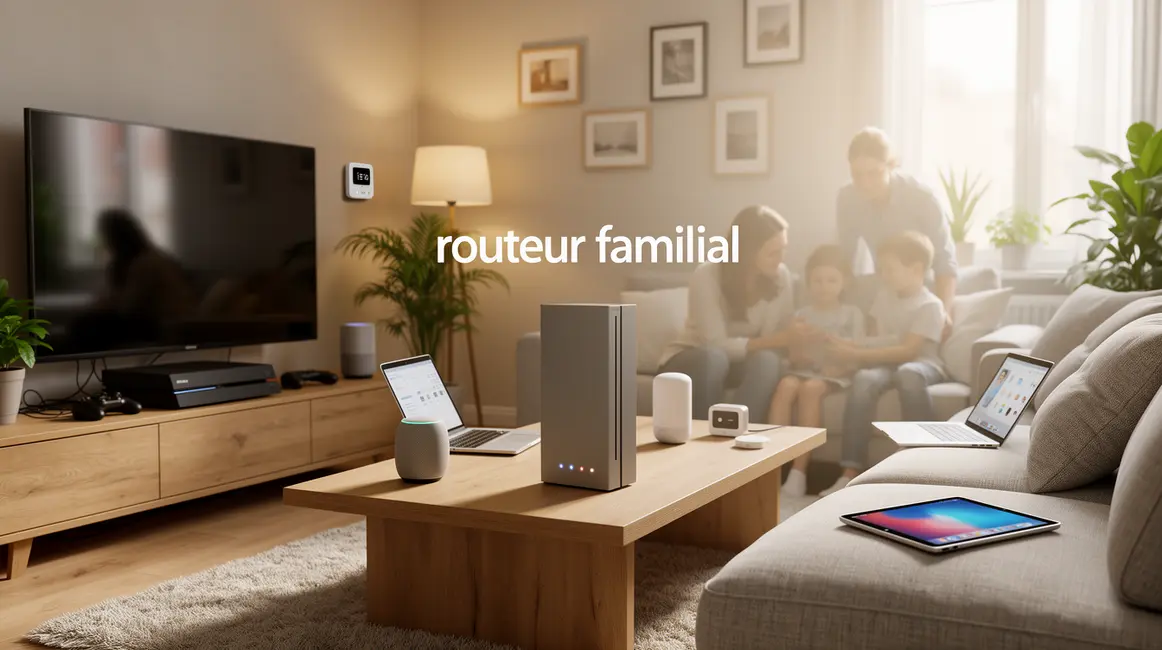 Routeur familial connecté avec appareils dans un salon
