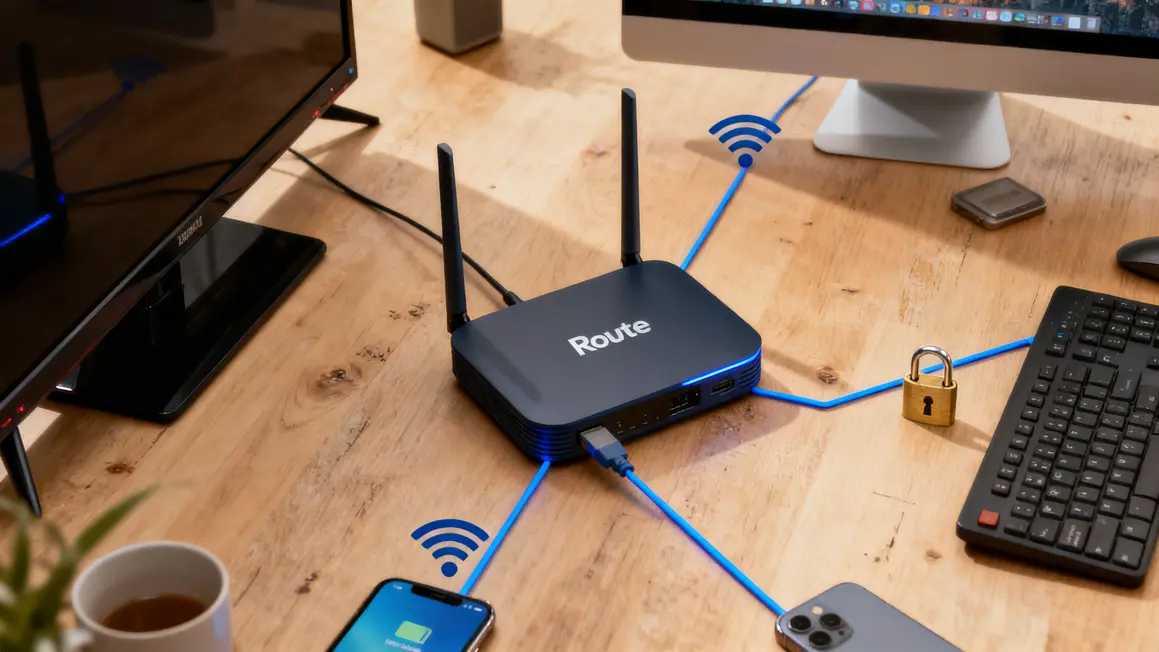 Routeur familial connecté à plusieurs appareils avec symbole Wi-Fi