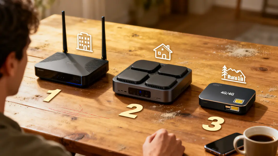 trois routeurs familial classique mesh 4g 5g photorealiste