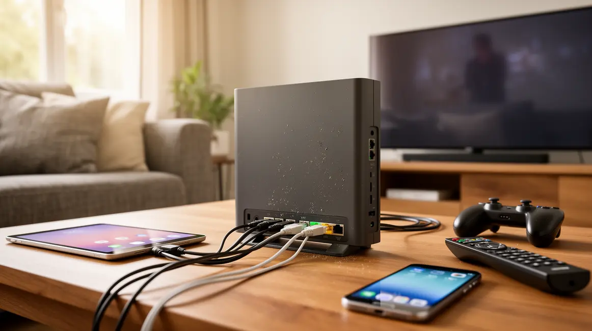 Routeur familial sur table avec appareils connectés
