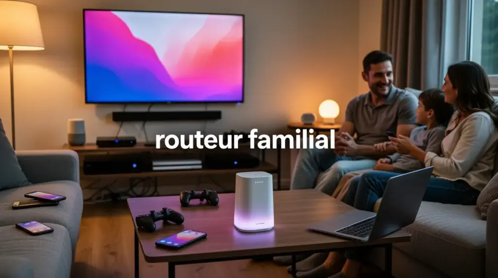 Routeur familial Wi-Fi central dans un salon moderne avec appareils connectés