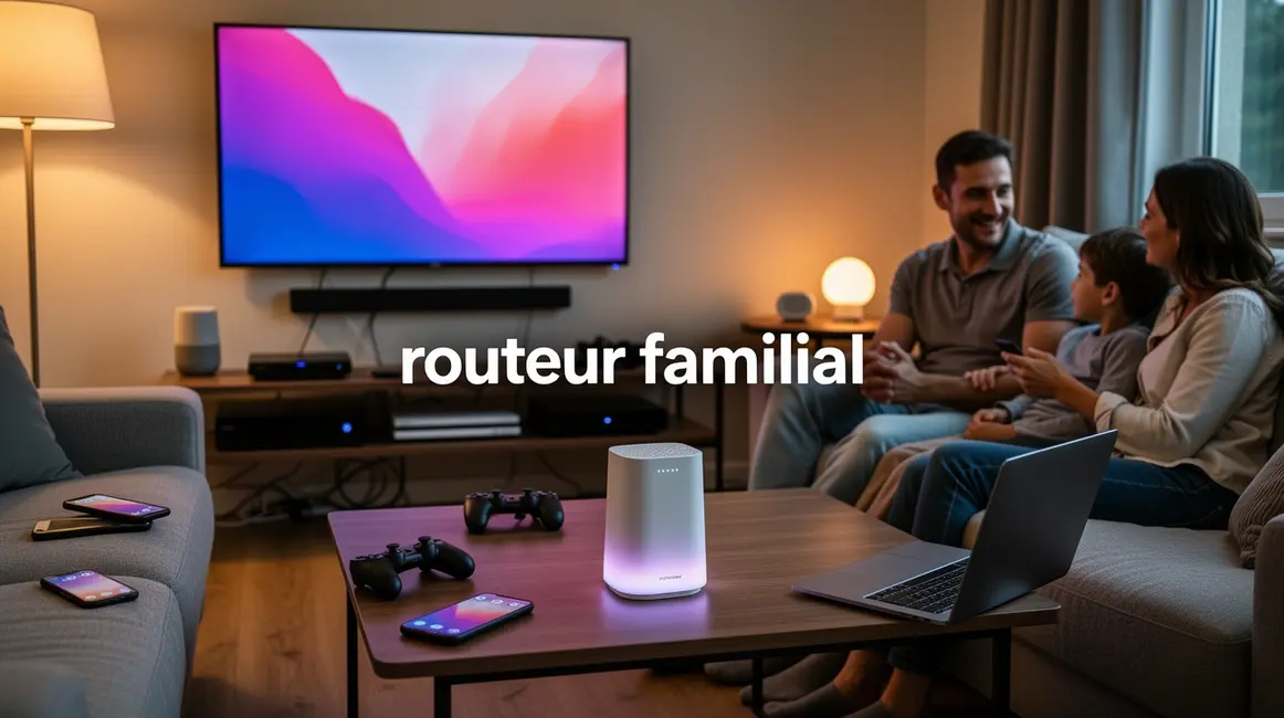Routeur familial Wi-Fi central dans un salon moderne avec appareils connectés