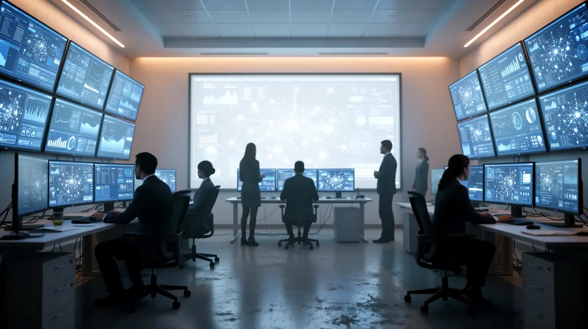 Salle de contrôle futuriste organisation contrôle 2026 écrans graphiques