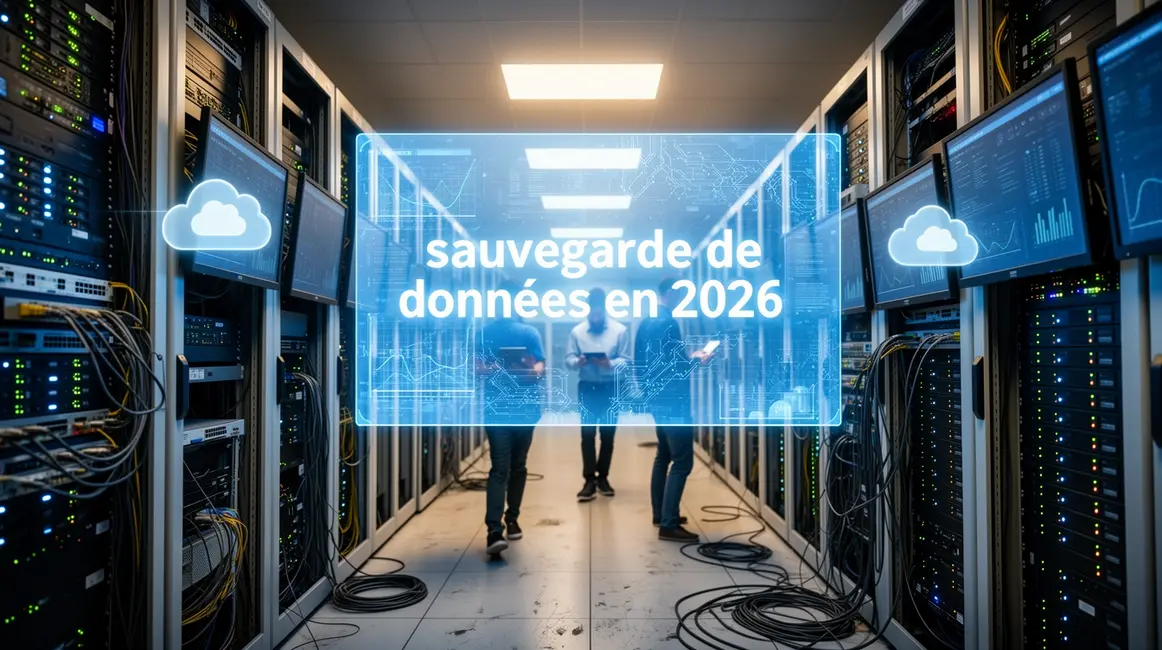 Salle serveurs futuristes sauvegarde données 2026