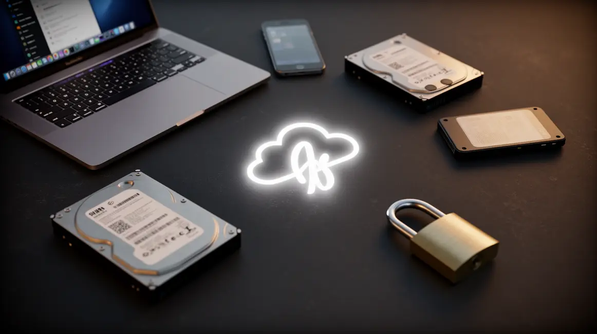Sauvegarde de données avec ordinateur, disques externes et cloud
