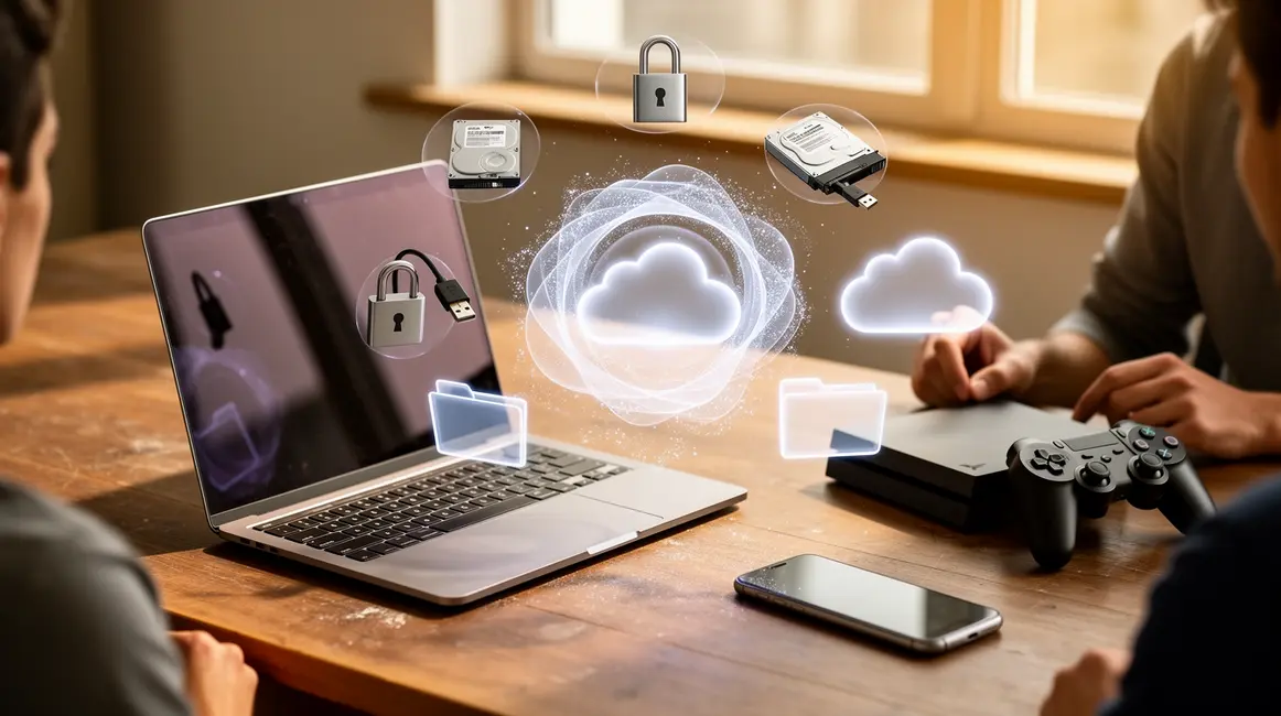 Sauvegarde de donnees sur pc, smartphone, console avec symboles de securite