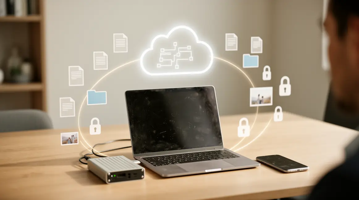 Sauvegarde de données, bureau moderne, cloud et disque externe