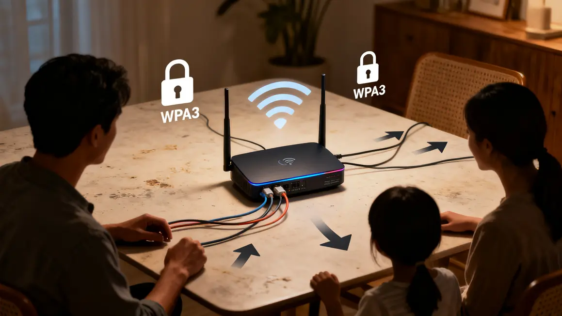 Sécurité Wi-Fi maison, routeur central et WPA3