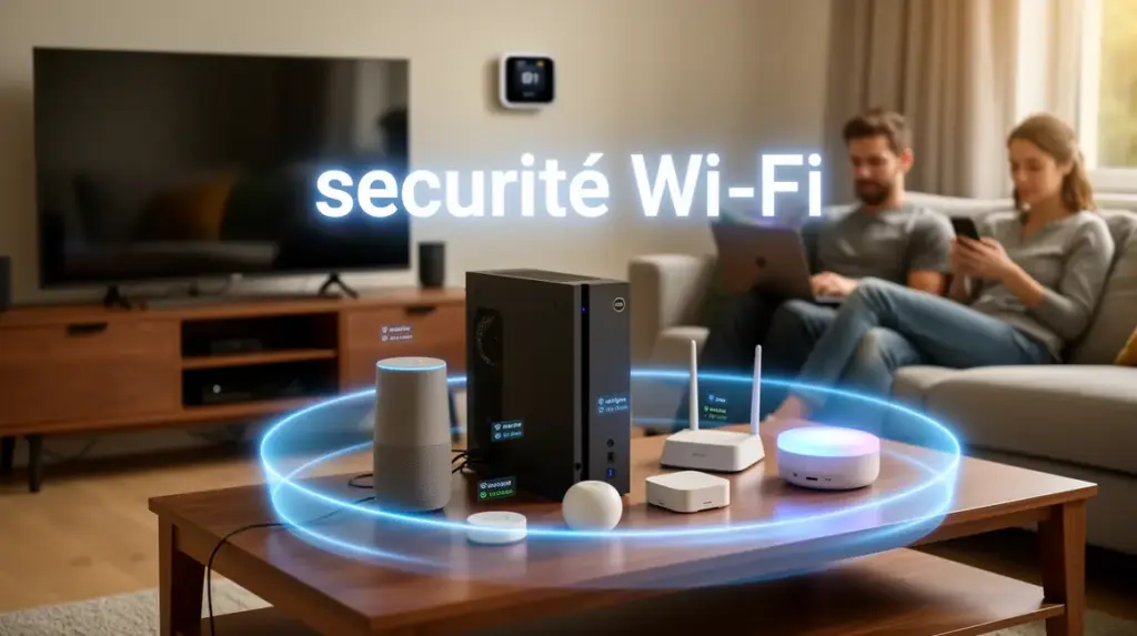 Salle maison avec appareils connectés et halo sécurité Wi-Fi