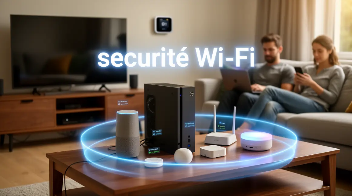 Salle maison avec appareils connectés et halo sécurité Wi-Fi
