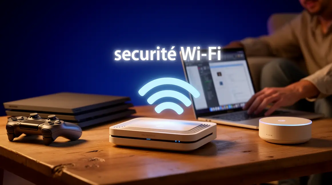 routeur Wi-Fi moderne avec appareils connectes et ondes securite Wi-Fi