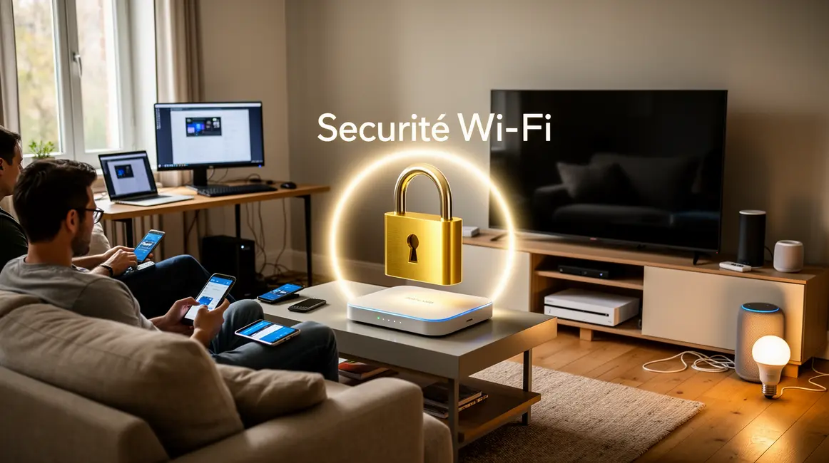 Box internet sécurisée avec appareils connectés, symbole cadenas Wi-Fi
