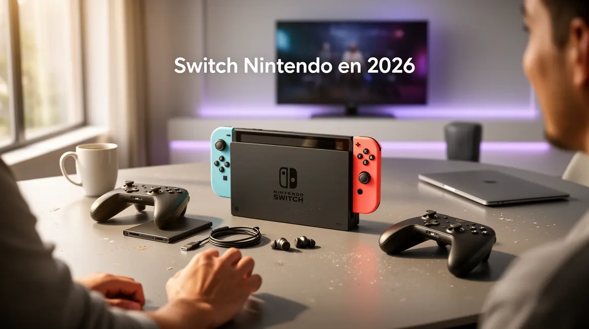 Switch Nintendo sur table moderne avec accessoires