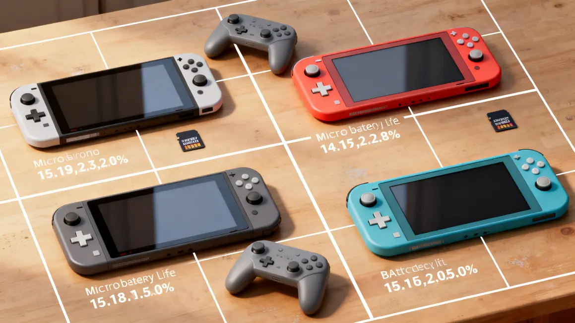 Comparatif isométrique Nintendo Switch Lite, classique, OLED, Switch 2