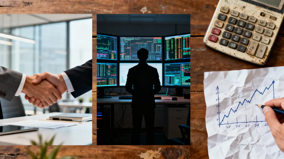 Poignée de main, écrans techniques, calculatrice et graphique sous contrôle