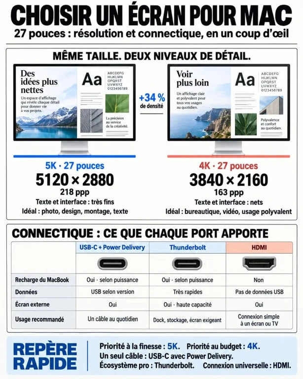 Infographie pour choisir un écran pour Mac entre 4K, 5K, USB-C, Thunderbolt et HDMI