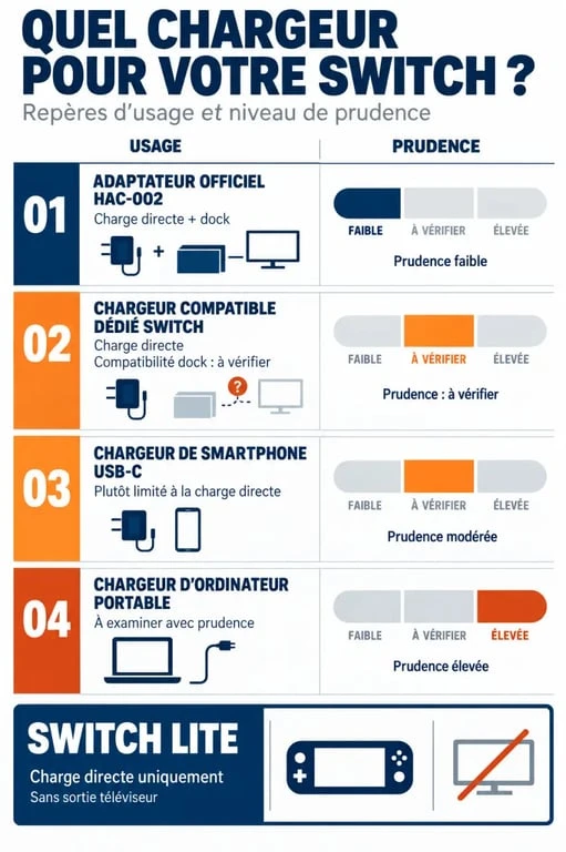 Infographie pour choisir un chargeur Switch selon la charge directe, le dock et le modèle de console