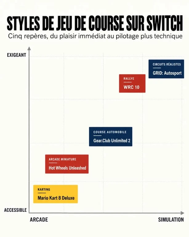 Infographie des styles de jeu de voiture Switch, du karting à la simulation automobile
