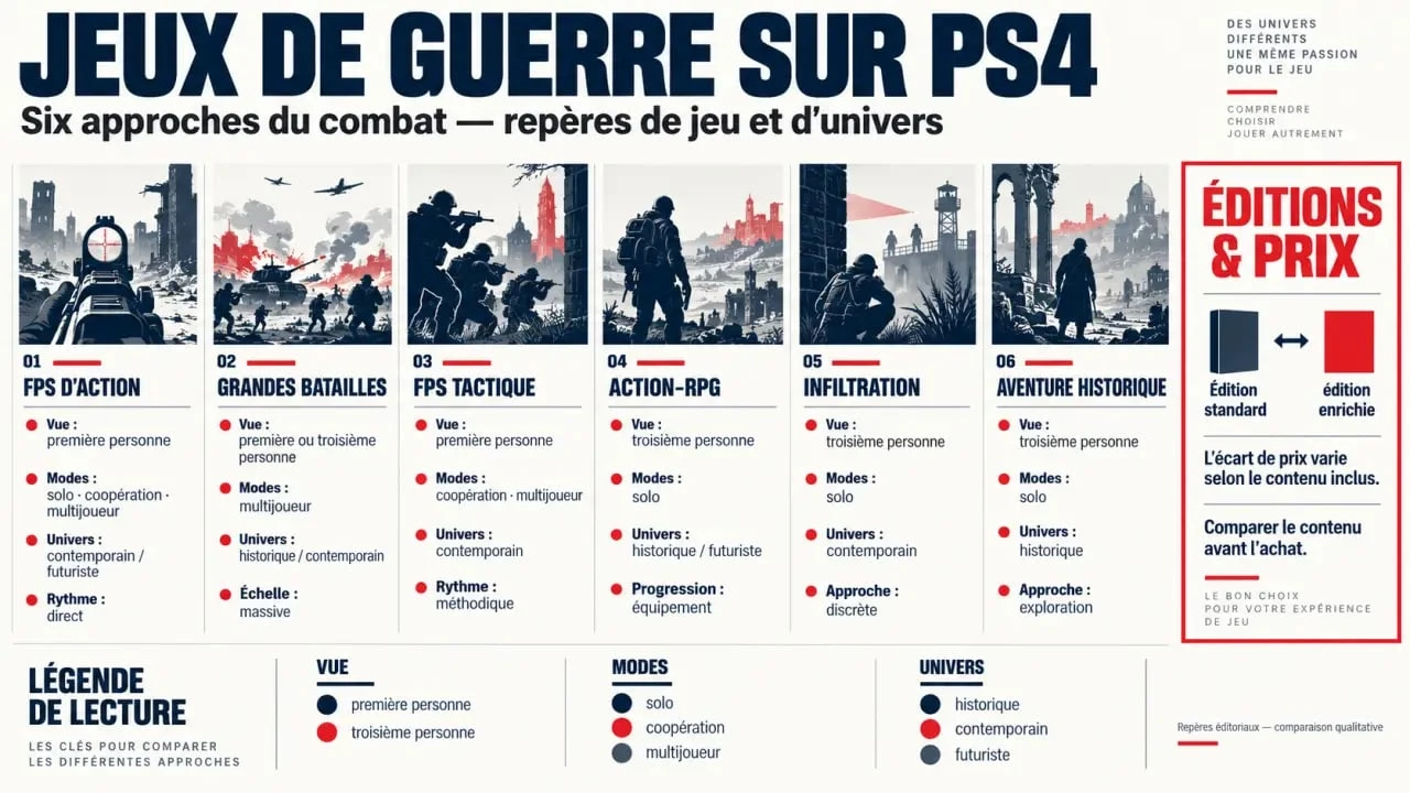 Infographie comparative des jeux de guerre PS4 selon le genre, le mode de jeu, le contexte et le prix