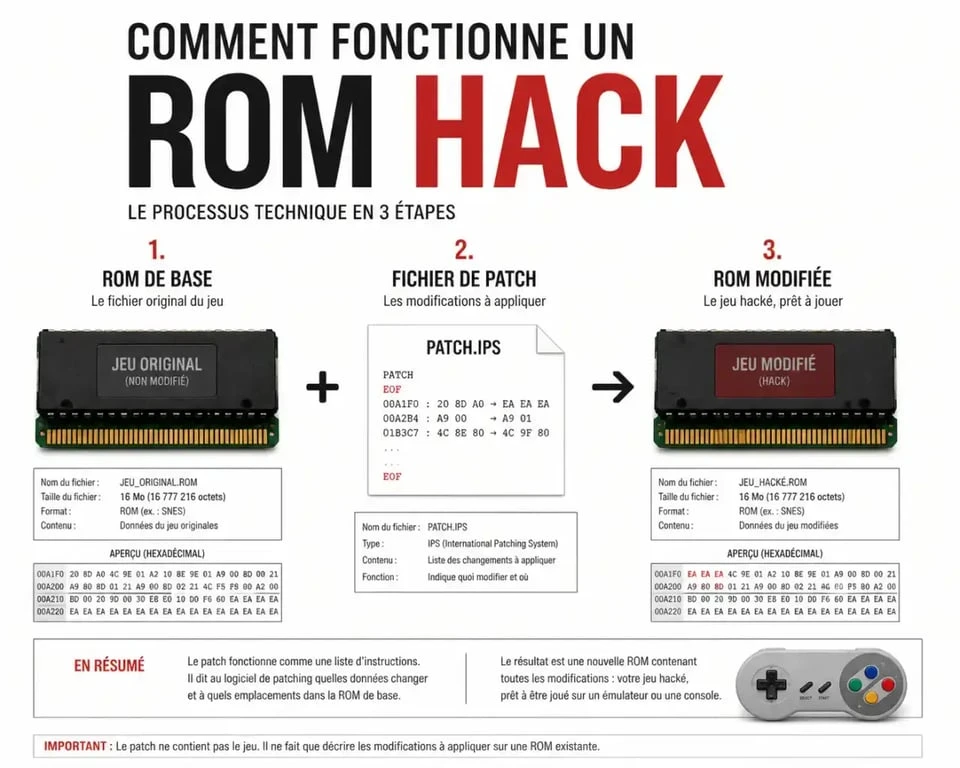 Schéma technique expliquant l'application d'un patch sur une rom game pokemon