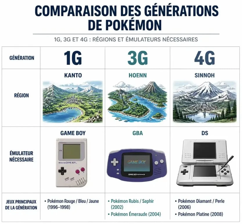 Tableau comparatif des générations de jeux Pokémon et émulateurs compatibles pour rom game pokemon