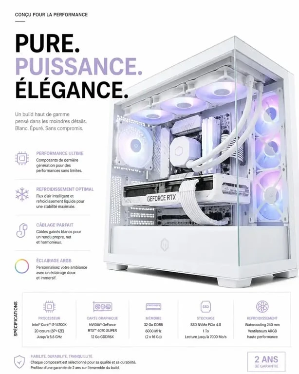 PC gamer blanc haut de gamme avec composants white edition et éclairage ARGB.