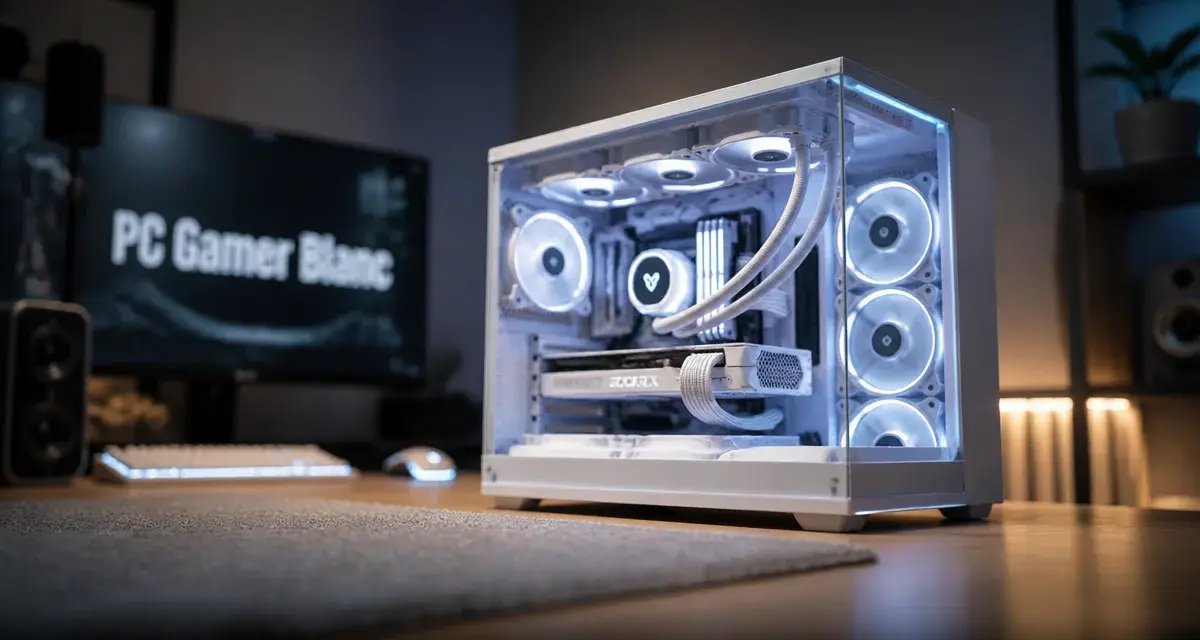 PC gamer blanc, boîtier blanc et ARGB bleu