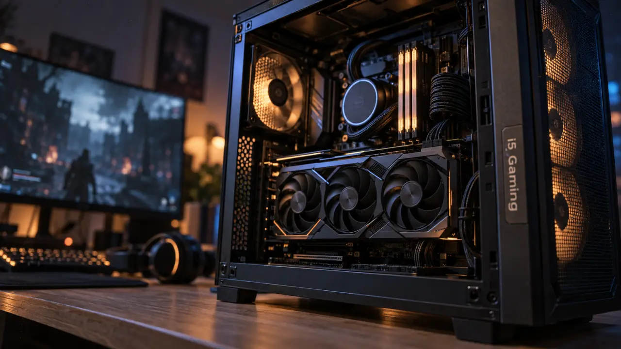 PC gamer i5 : boîtier Midi-Tower ouvert sur bureau, PC pour 1440p et streaming